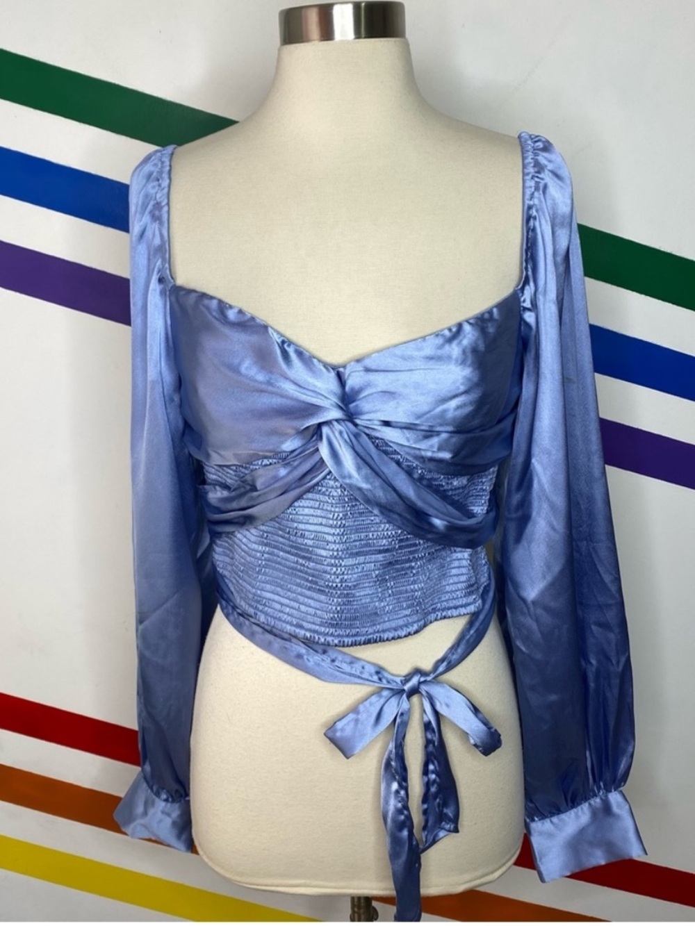 NEW Urban Outfitters Maya Smocked Tie-Back Satin crop Top Blue Large